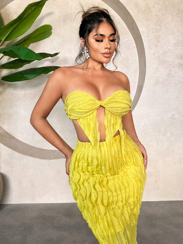 Summer Vacation Set, Cow-Pleated Textured Fabric, Skirt And Top 2-Piece Set