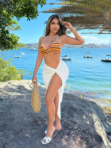 SXY Summer Vacation Sexy High Slit Twisted Knit Skirt With Texture Fabric