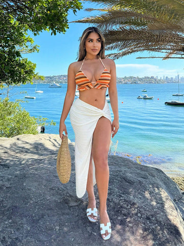 SXY Summer Vacation Sexy High Slit Twisted Knit Skirt With Texture Fabric