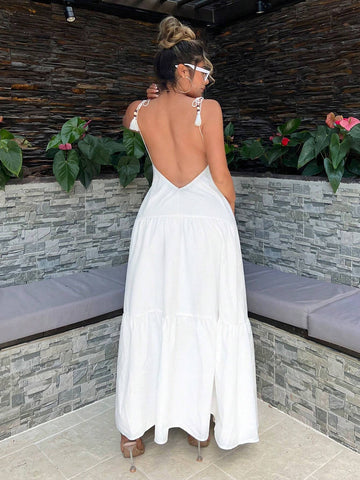 Summer Vacation Solid Color Backless Super Loose Spaghetti Strap Dress