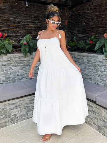 Summer Vacation Solid Color Backless Super Loose Spaghetti Strap Dress