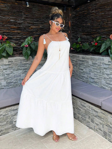 Summer Vacation Solid Color Backless Super Loose Spaghetti Strap Dress