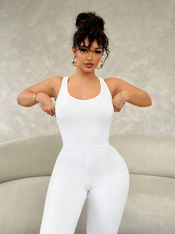 Summer White Skinny Backless Sport Jumpsuit Flare Pants