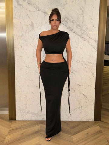 Summer Women Garbage Asymmetrical Drawstring Short Sleeve Short Top And Long Skirt Set