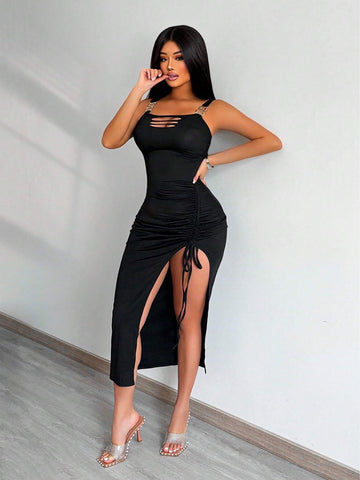Summer Women Solid Color Strap Dress With Metal Embellishments And Drawstring At Chest