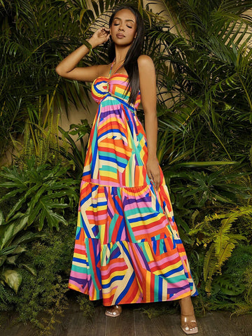 Summer Women's Bohemian Seaside Vacation Geometric Print Women's Sexy Flowing Dress