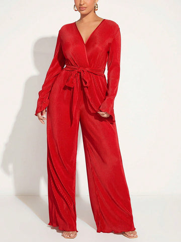 Surplice Neck Belted Wide Leg Jumpsuit