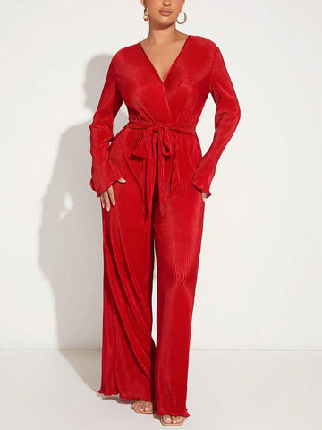 Surplice Neck Belted Wide Leg Jumpsuit