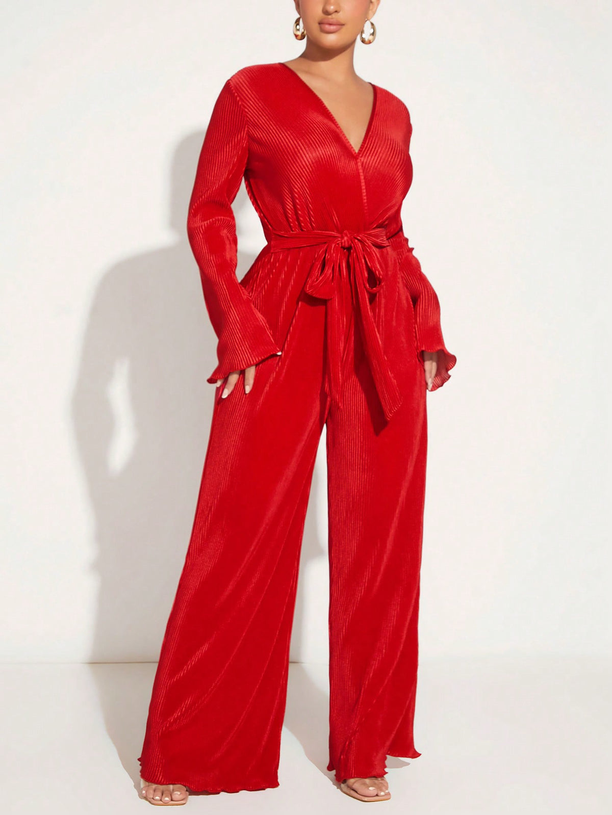 Surplice Neck Belted Wide Leg Jumpsuit