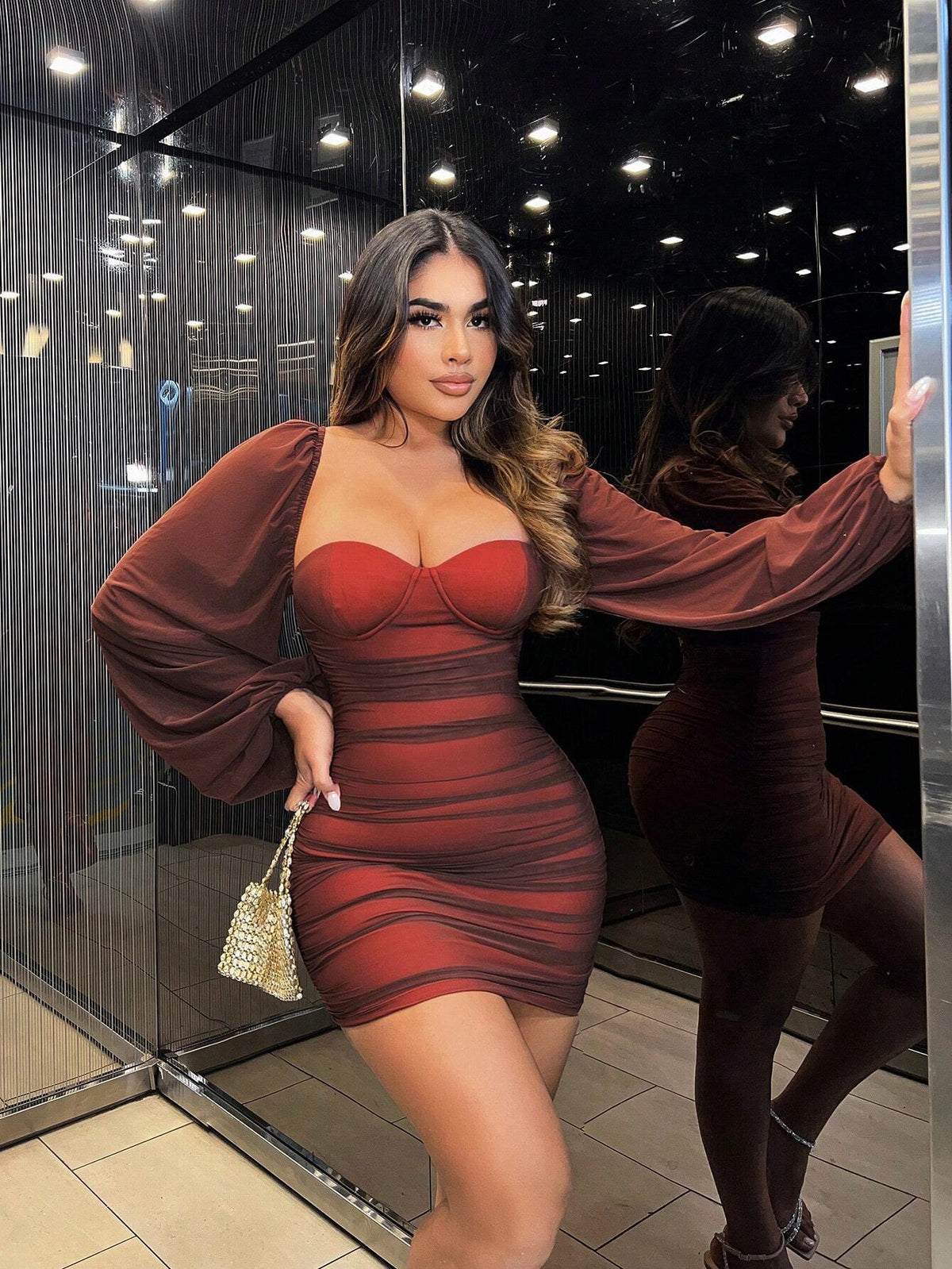 Sweetheart Neck Lantern Sleeve Ruched Mesh Bodycon Dress