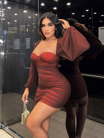 Sweetheart Neck Lantern Sleeve Ruched Mesh Bodycon Dress