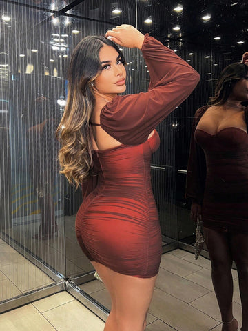 Sweetheart Neck Lantern Sleeve Ruched Mesh Bodycon Dress