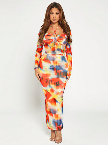 Tie Dye Crisscross Tie Backless Halter Neck Ruched Bustier Mesh Top