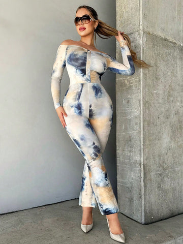 Tie Dye Cutout Back Flare Leg Jumpsuit