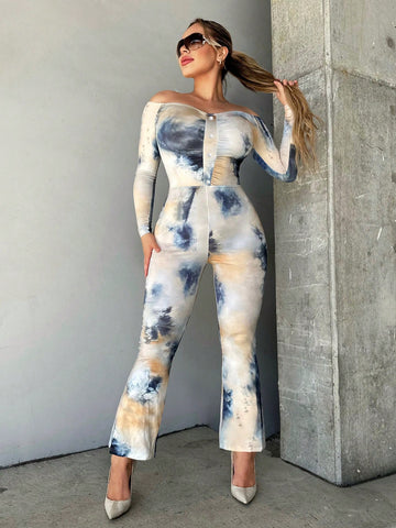 Tie Dye Cutout Back Flare Leg Jumpsuit
