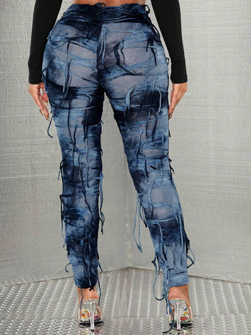 SXY Tie Dye Fringe Trim Leggings