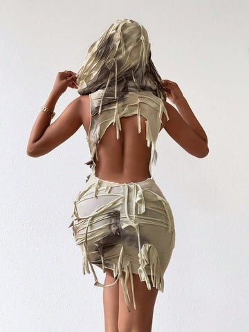 Tie Dye Halter Backless Slim Fit Hooded Maxi Dress