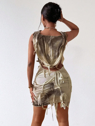 Tie Dye Halter Backless Slim Fit Hooded Maxi Dress