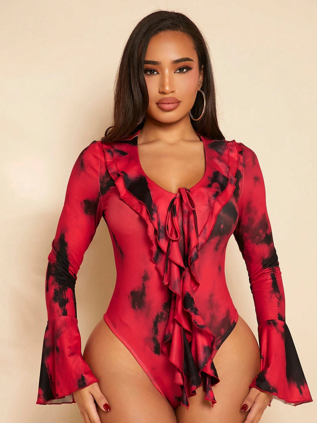Tie Dye Ruffle Trim Flare Sleeve Bodysuit