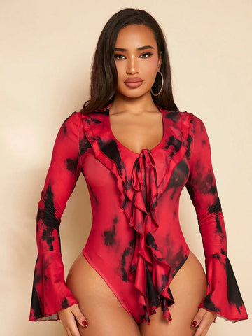 Tie Dye Ruffle Trim Flare Sleeve Bodysuit