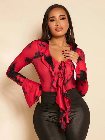 Tie Dye Ruffle Trim Flare Sleeve Bodysuit
