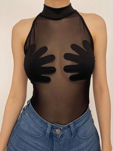 Transparent Mesh Jumpsuit With Palm And Chest Panels