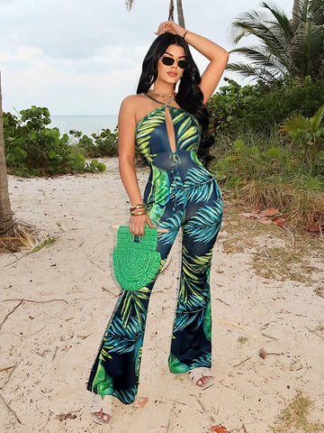 Tropical Plant Print Sleeveless Halter Neck Jumpsuit For Beach And Vacation In Summer
