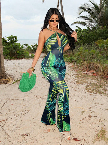 Tropical Plant Print Sleeveless Halter Neck Jumpsuit For Beach And Vacation In Summer