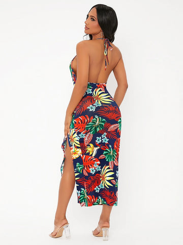 Tropical Print Tie Backless Drawstring Split Thigh Halter Dress