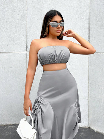 Tube Top And Asymmetric Hem Drawstring Parachute Skirt Two Piece Set For Summer