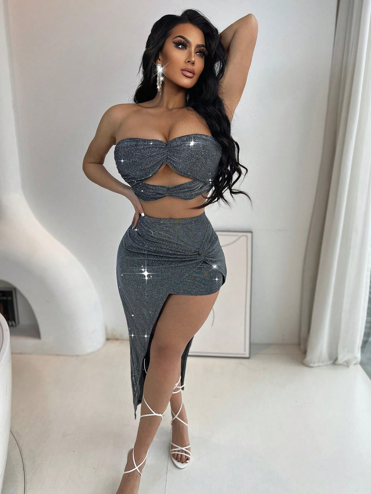 Twist Front Cutout Tube Top & Split Thigh Skirt