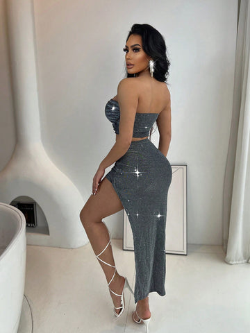 Twist Front Cutout Tube Top & Split Thigh Skirt