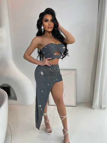 Twist Front Cutout Tube Top & Split Thigh Skirt