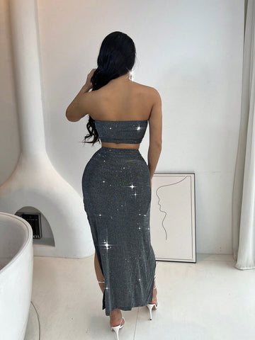 Twist Front Cutout Tube Top & Split Thigh Skirt