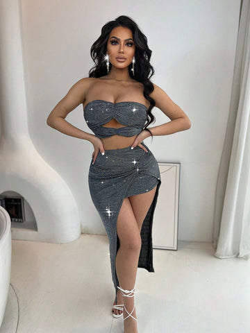 Twist Front Cutout Tube Top & Split Thigh Skirt