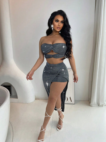 Twist Front Cutout Tube Top & Split Thigh Skirt