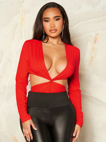 Twist Knot & Hollow Out Waist Bodysuit
