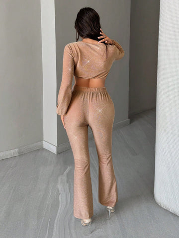V-Neck Self-Tie Blouse And Chain Decor Flared Pants Two Piece Set