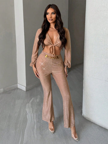 V-Neck Self-Tie Blouse And Chain Decor Flared Pants Two Piece Set