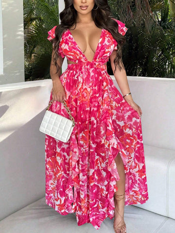 V-Neck Waist Hollow Back With Rose-Red Flower Holiday Sexy Dress