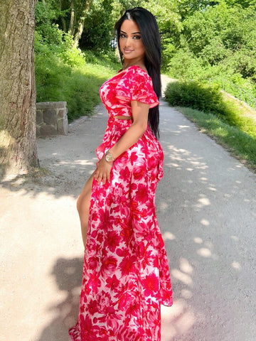 V-Neck Waist Hollow Back With Rose-Red Flower Holiday Sexy Dress