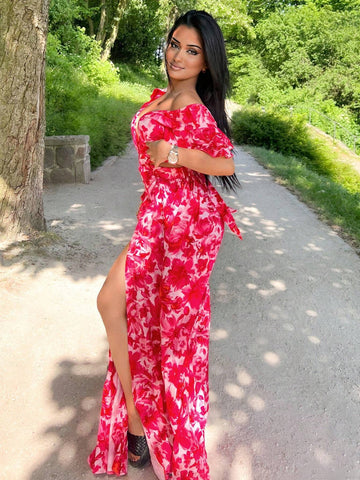 V-Neck Waist Hollow Back With Rose-Red Flower Holiday Sexy Dress