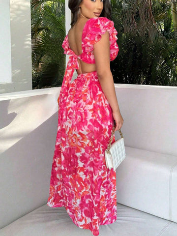 V-Neck Waist Hollow Back With Rose-Red Flower Holiday Sexy Dress
