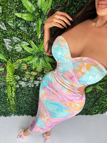 Vacation Cute Resort Beach Wear Tie Dye Floral Print Elegant Mother Day Abaya Bohemian Summer Spring Break Backless Cross Strap Sexy Long Women Maxi Dress For Summer