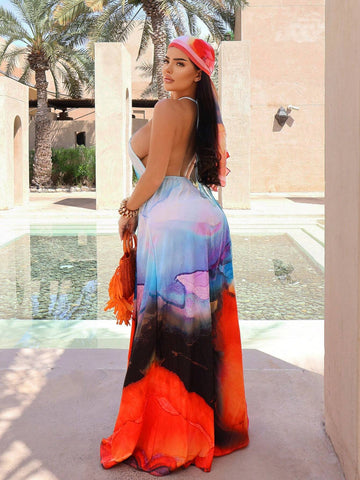 Vacation Floral Print Deep V-Neck Dress With High Slit And Flared Hem