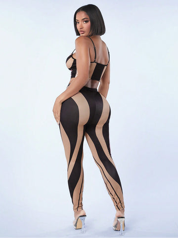 Valentine'S Day Sexy Clubwear Women'S Set With Color Block Bodycon Cami Top With Graphic Print And Tight Pants