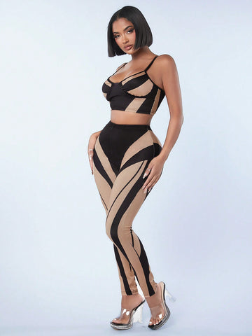 Valentine'S Day Sexy Clubwear Women'S Set With Color Block Bodycon Cami Top With Graphic Print And Tight Pants