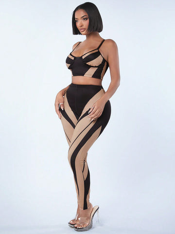 Valentine'S Day Sexy Clubwear Women'S Set With Color Block Bodycon Cami Top With Graphic Print And Tight Pants