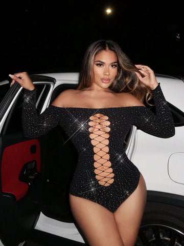 Valentine's Day Ladies Sexy Black Party Nightclub Hot Girl Chest Detail Fishnet Round Neck Long Sleeve High Elastic Seamless High Elastic Silk Short Bodysuit