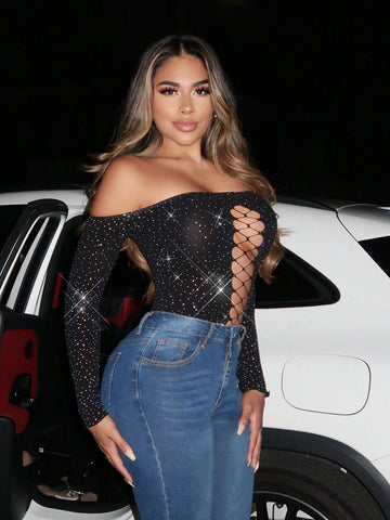 Valentine's Day Ladies Sexy Black Party Nightclub Hot Girl Chest Detail Fishnet Round Neck Long Sleeve High Elastic Seamless High Elastic Silk Short Bodysuit